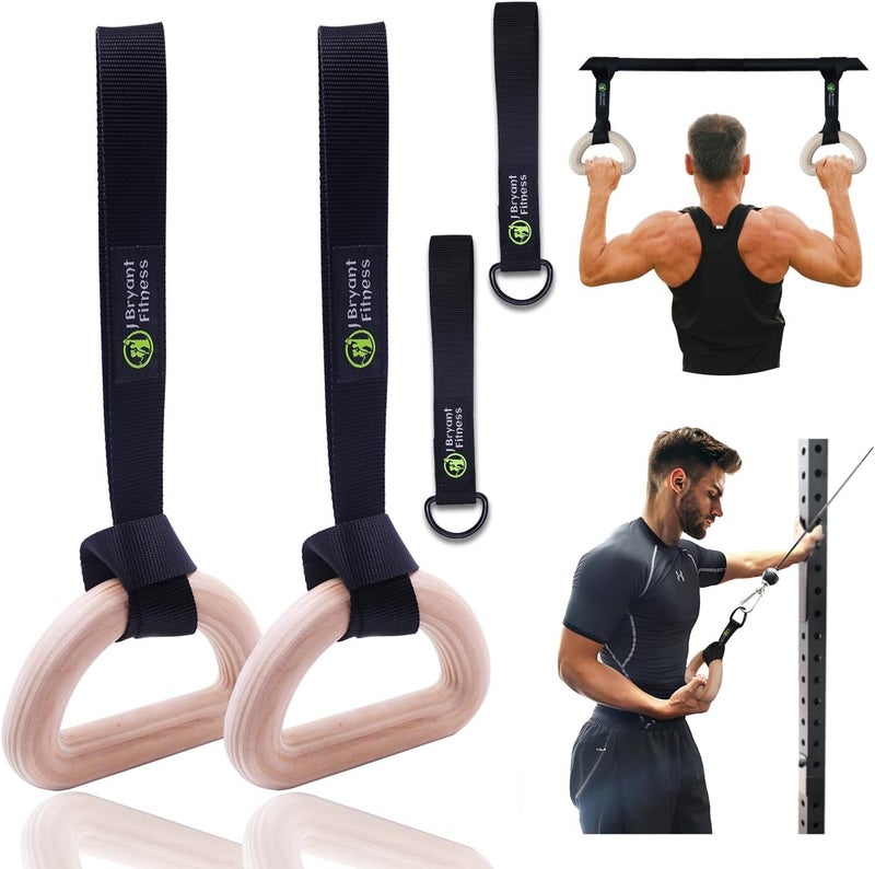 J Bryant Fitness Wooden Gymnastic Rings - Pull Up Grips & LAT Pull Down Gym Handles Design, Sturdy Webbing Straps with D-Rings, Pilates, Strength Training, and Portable Fitness - Includes Carry Bag - Image 1